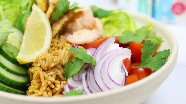 Jollof Rice with Spicy Prawn and Plantain Salad