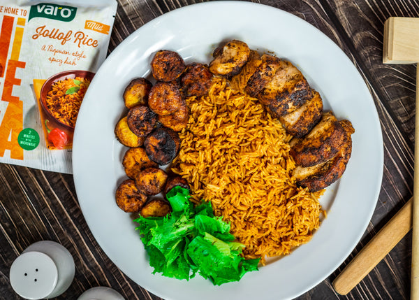 Varo Jollof Rice w peppered chicken and fried plantain