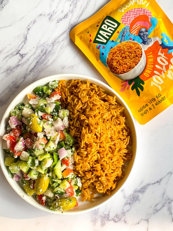 Make Spicy Vegan Greek Salad with Varo Jollof Rice