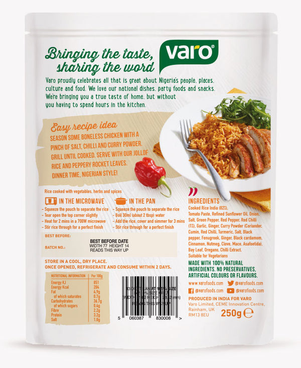 Jollof Rice Pack of 6 – Jollof Vegetable Rice – Microwave Rice Ready in 2 Minutes – 6 x 250g Packs of Mild Veg Rice by Varo