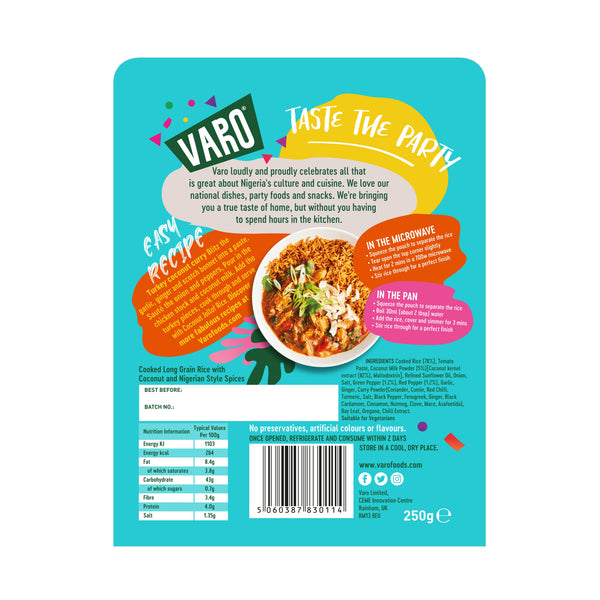 Jollof Rice Pack of 6 – Jollof Coconut Rice – Microwave Rice Ready in 2 Minutes – 6 x 250g Packs of Coconut Rice by Varo