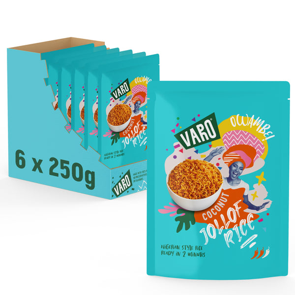 Jollof Rice Pack of 6 – Jollof Coconut Rice – Microwave Rice Ready in 2 Minutes – 6 x 250g Packs of Coconut Rice by Varo